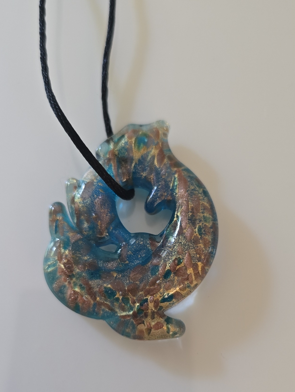 Glass Swirl Pendant Necklace in Teal, Gold & Copper